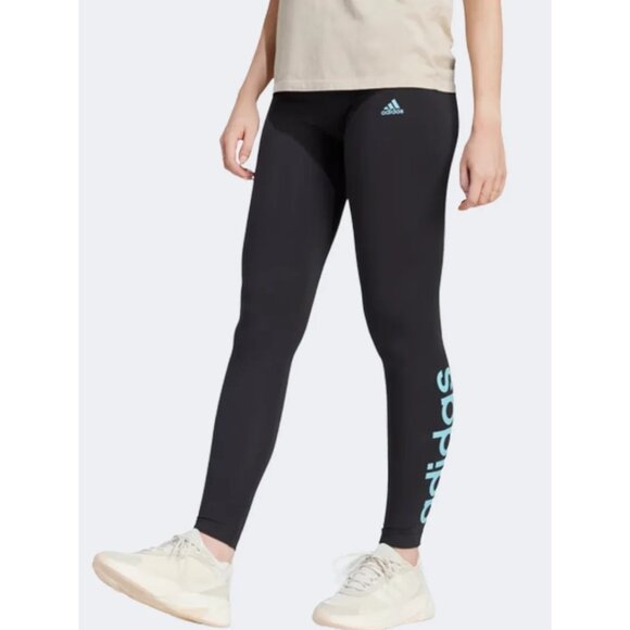 Adidas IM2859-W Lin Leggings Size SMALL– Black/Lt Aqua - Stylish and Comfortable - Picture 1 of 7